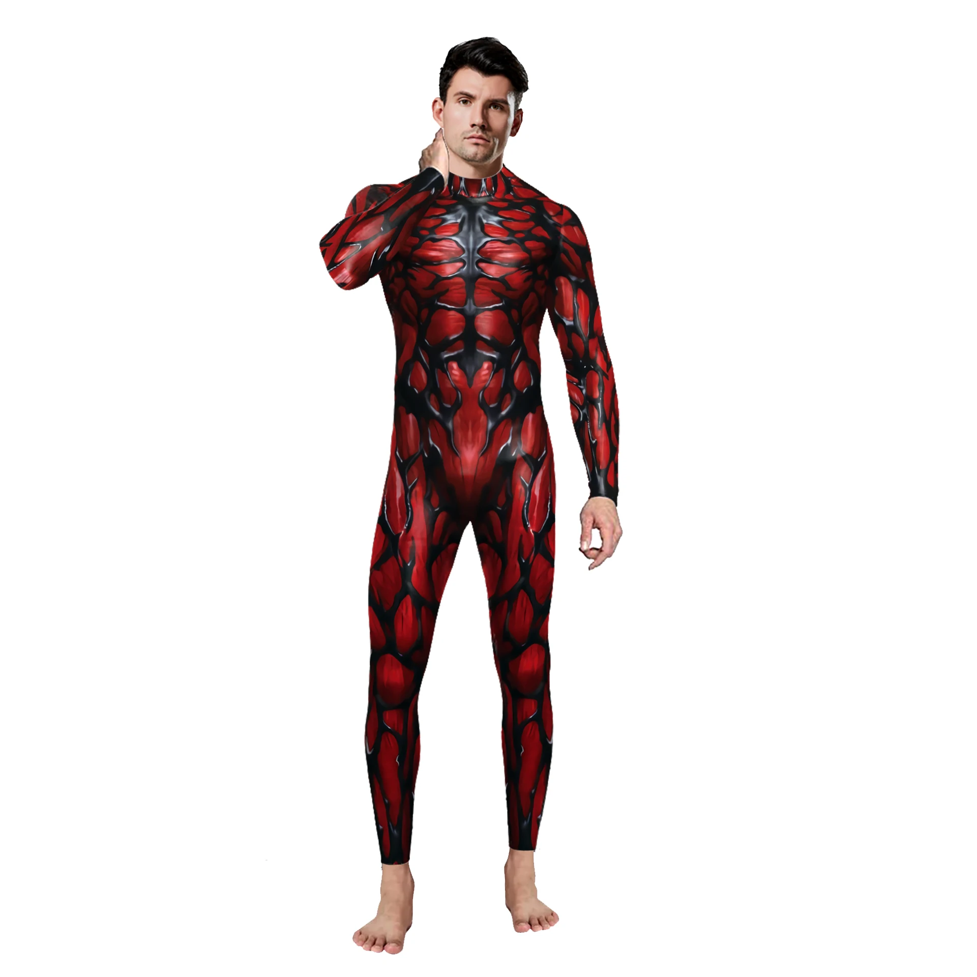 Red Muscle Pattern Jumpsuit Halloween Zombie Cosplay Costume Woman Man Party Bodysuit Spandex Zentai Suit Adult Carnival Rompers