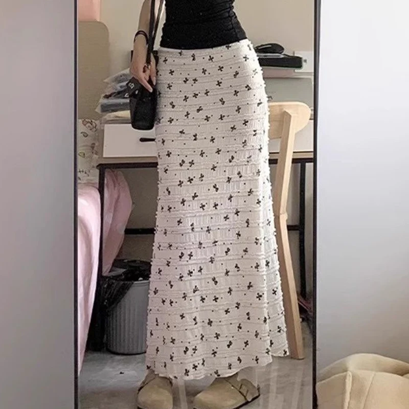 Bow Print Lace Patchwork Mermaid Skirt Women Elegant Summer Elastic Waist Midi Skirts Lady 2025 Vacation Beige Long Skirt Female