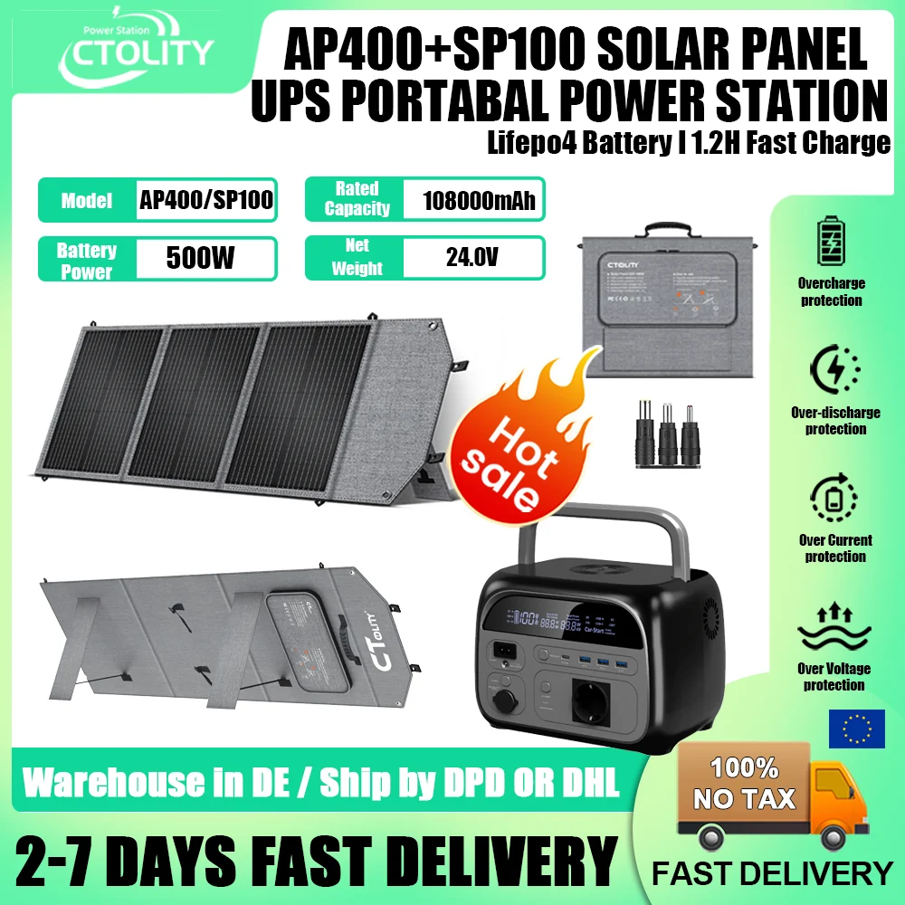 Estação de Energia Portátil CTOLITY 500W com Painel Solar Dobrável 100W, Gerador Externo,