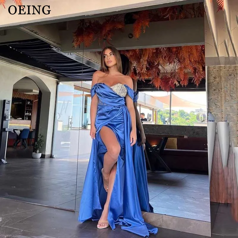 OEING Blue Prom Dress Elegant Off The Shoulder Side Split Gala Evening Dresses Formal Occasion A Line Gown Vestidos De Noche