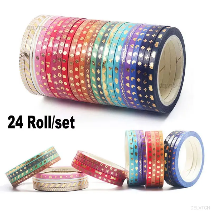 

24 Roll Set 3mm*5m Slim Gold Foil Hot Stamping Washi Tape Paper Scrapbooking Decorative Adhesive Stationery Sticker Masking Tape