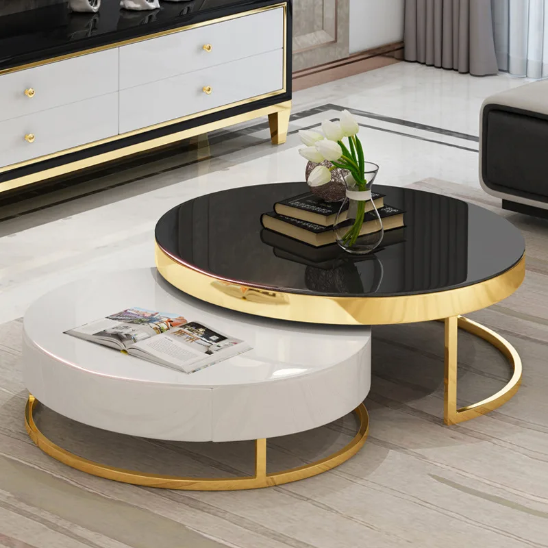 

Hot Sale Design Modern Furniture Living Room Table Tempered Round Glass Gold Coffee Tables Set