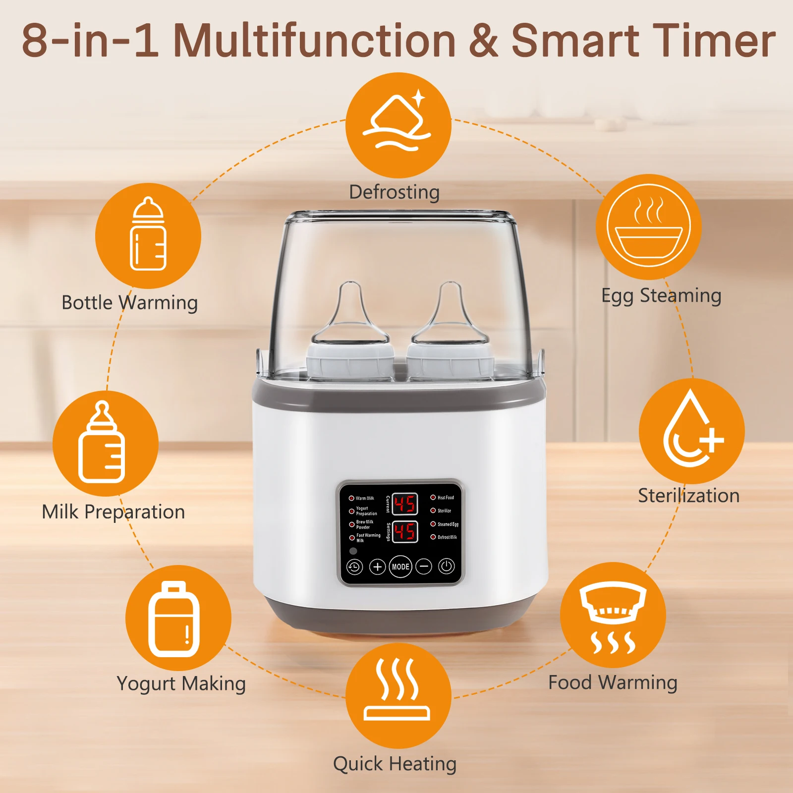Scaldabiberon e Sterilizzatore 8-in-1 Multifunzione per Neonati, 170W, Riscaldamento Rapido del Latte Materno con Controllo Accurato della Temperatura