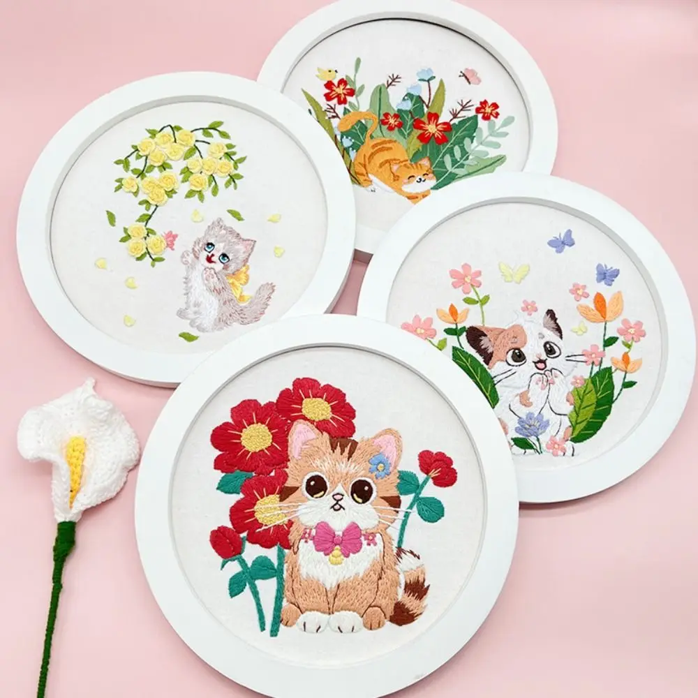 

DIY Embroidery Kits 3D Cat Landscape Embroidery Stitching Kits With Hoop Art Needlework Cross Stitch Set, Embroidery Hoops