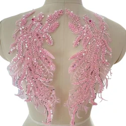 1Pair Multi Colored Handmade Bead Sequins Lace Embroidery Mirror Flower Wedding Dress Performance Clothing DIY Applique