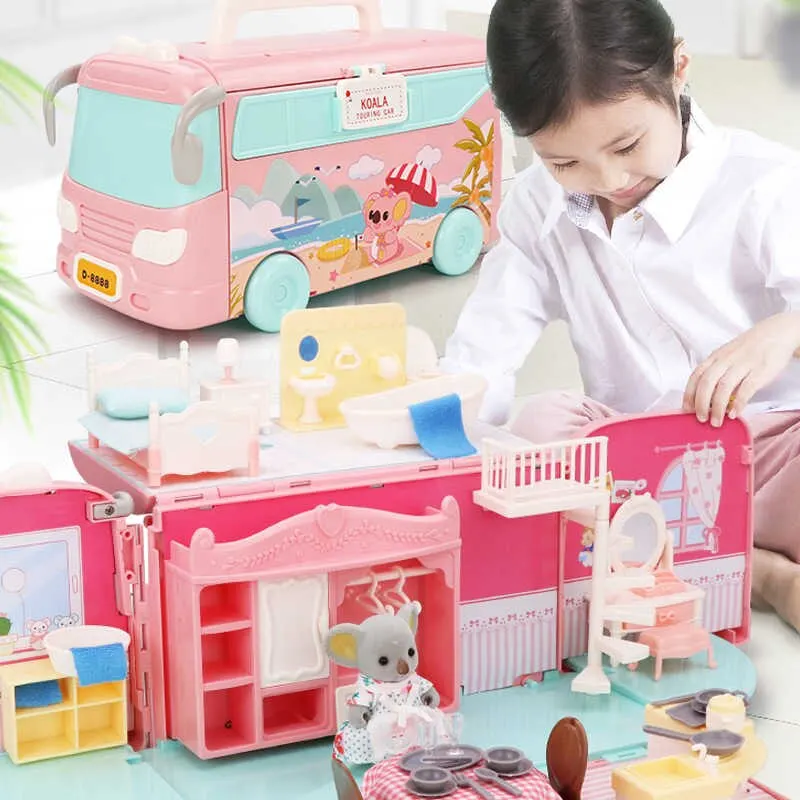 Doll House Koala Diary Tour Bus Miniature Scene Bedroom Kitchen Dresser DIY Cottage Pretend Play Toy Home Accessories Girls Gift