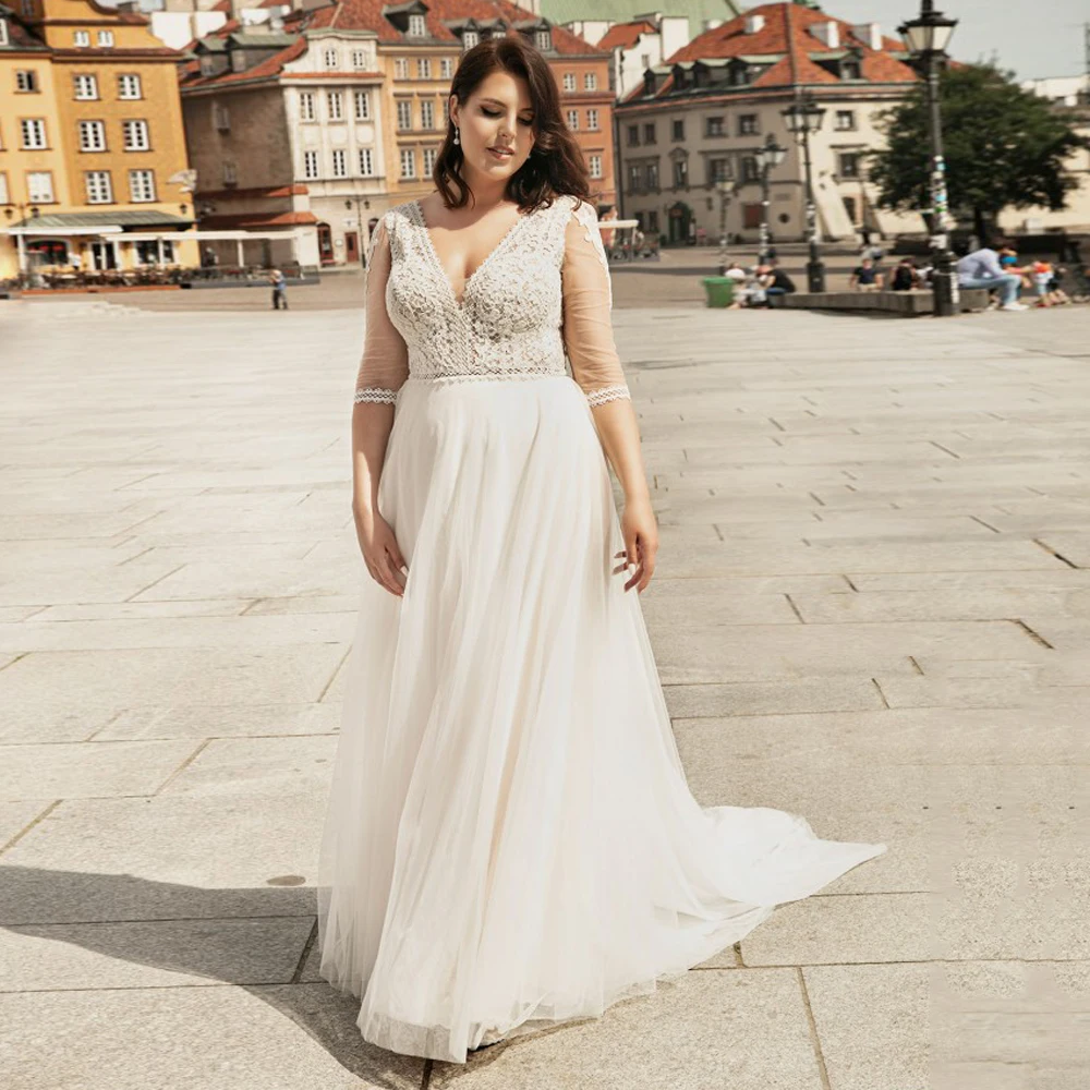 

Women Plus Size Bridal Gowns Custom Made Half Sleeves Double V Neck Lace Applique Sweep Train Soft Tulle Boho Wedding Dress