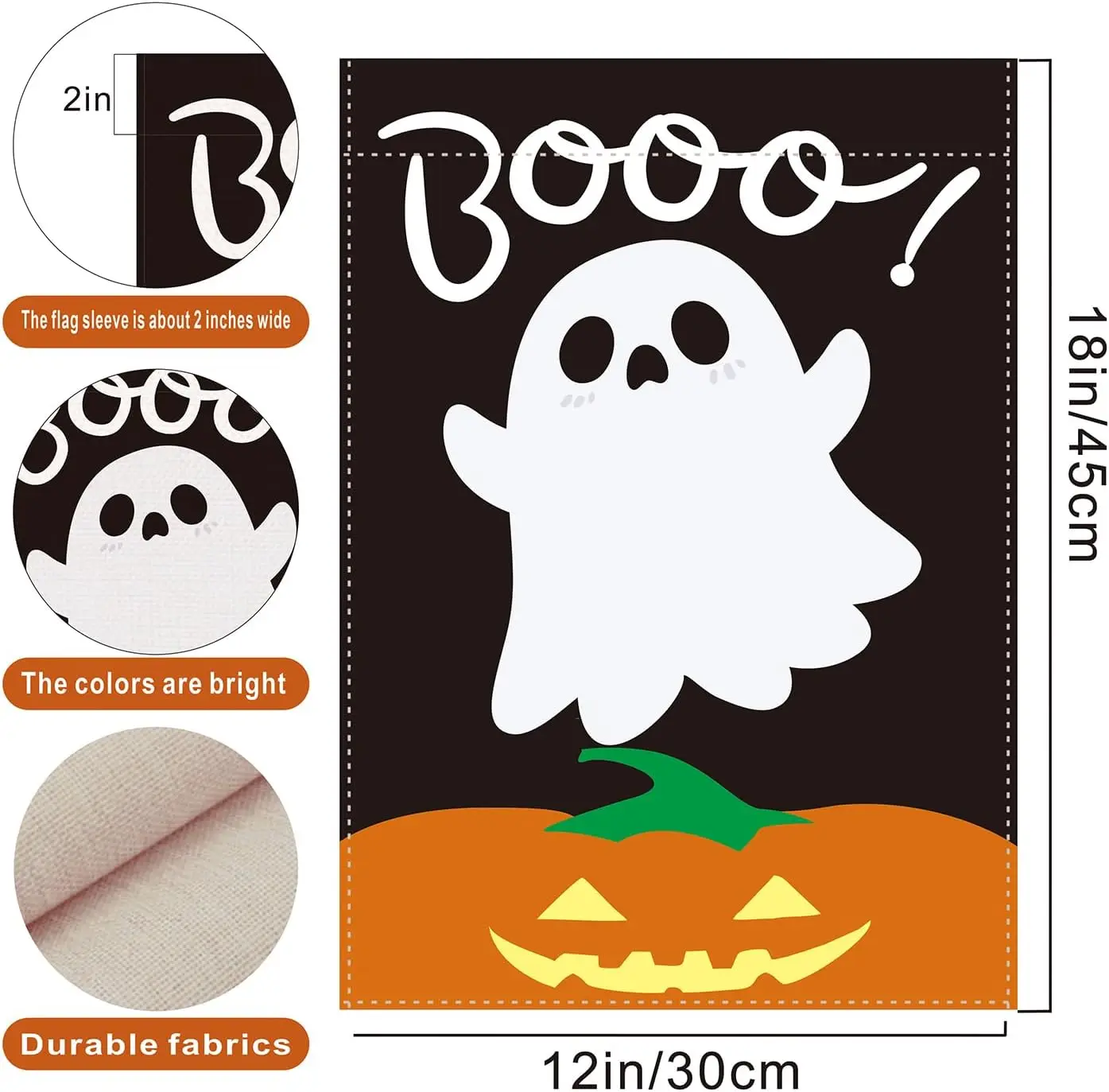 هالوين شبح حديقة العلم اليقطين شبح بو أبيض وأسود برتقالي 12x18 على الوجهين هالوين عطلة حفلة فناء ديكو FFI