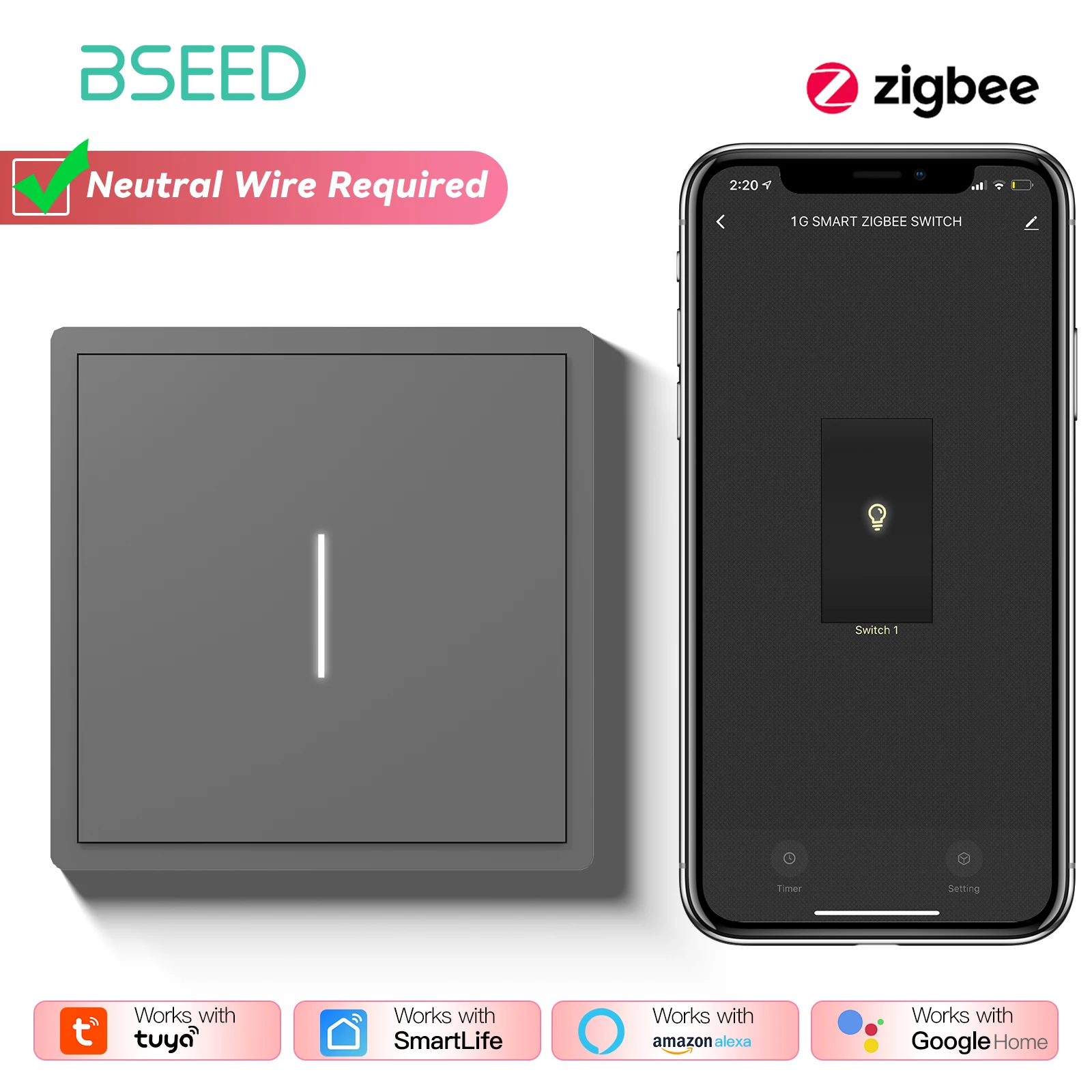 BSEED 1/2/3/4Gang 2Way Zigbee Smart Click Knop Schakelaar Smart EU Socket met AC Plastic Frame Werken Met Tuya Smart Leven Alexa - afbeelding 1
