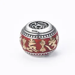 100% 925 Silver Tibetan Six Words Beads Silver Golden Plated Cinnabar Buddhist OM Mantra Loose Beads Jewelry Findings