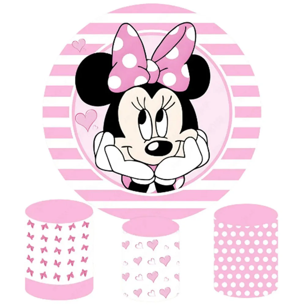 Minnie Mouse Round Backdrop 3 Cylinder Cover Background For Photography Baby Shower Girl Birthday Party Dessert Table Decoration