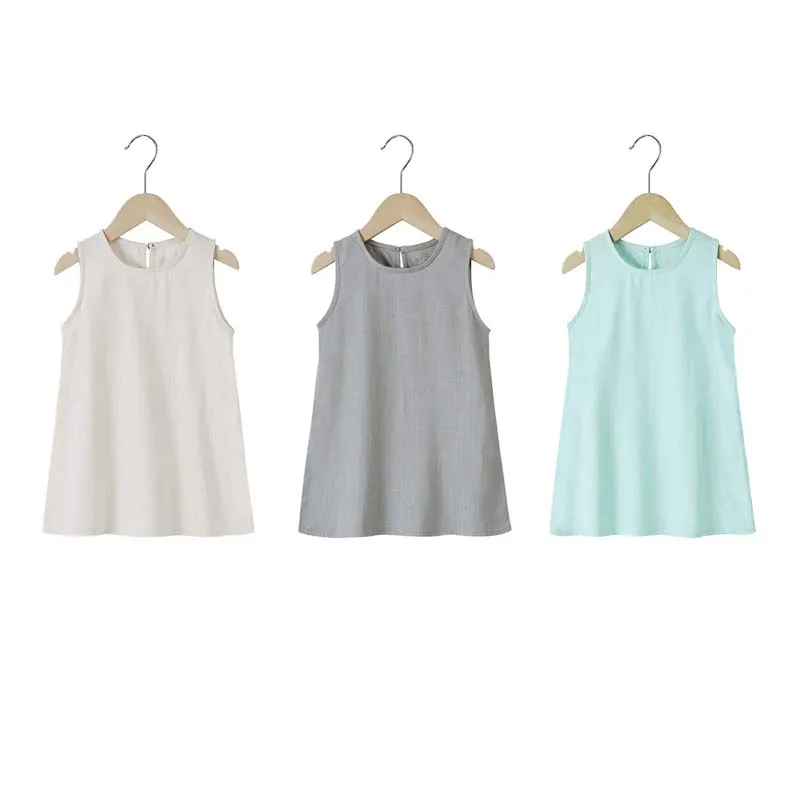 

Toddler Girl Skirts 1-7 Years Cotton Linen Round Neck Sleeveless Solid Color A-line Dresses Summer Children's Clothing