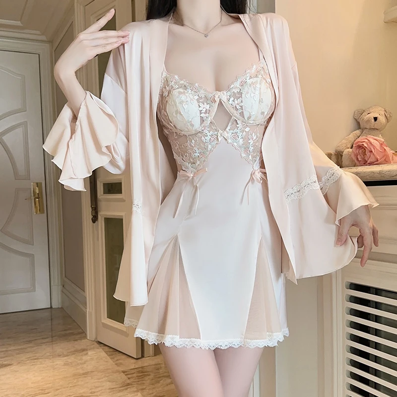 꽃 자수 가운 세트 섹시한 성인 Lingеrie 나이트 드레스 여성 Lencerias Nightgowns Nuisette Sexy De Nuit Sleepwear Woman