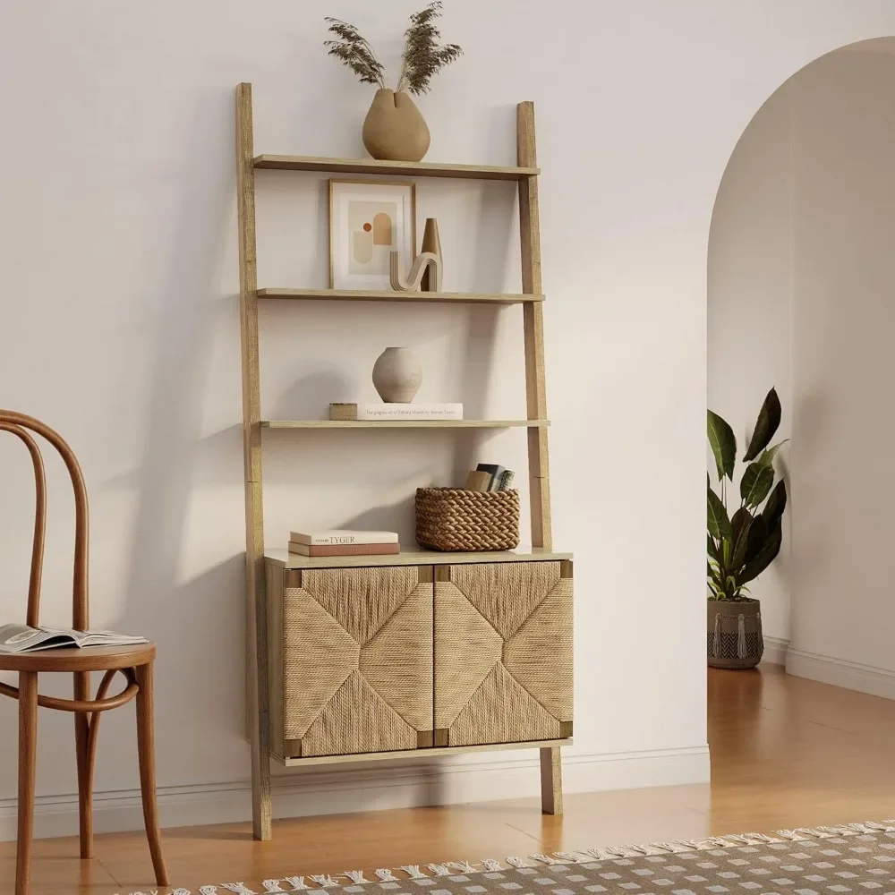

71" Tall Bookshelf, 4 Ladder Shelves Etagere Bookcase with 2-Door Cabinet Storage,Large Bookshelf Organizer,