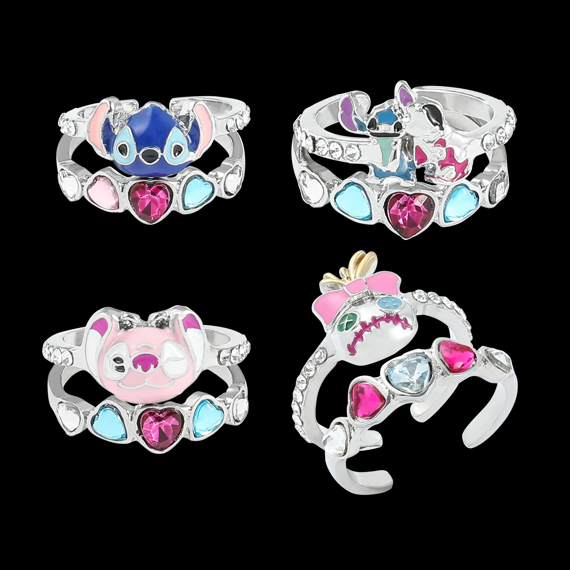 Disney Lilo & Stitch Peripheral Set Rings Jewelry Cute Cartoon Figure Stitch Angel Crystal-Embellished Enamel Ring Kids Gifts