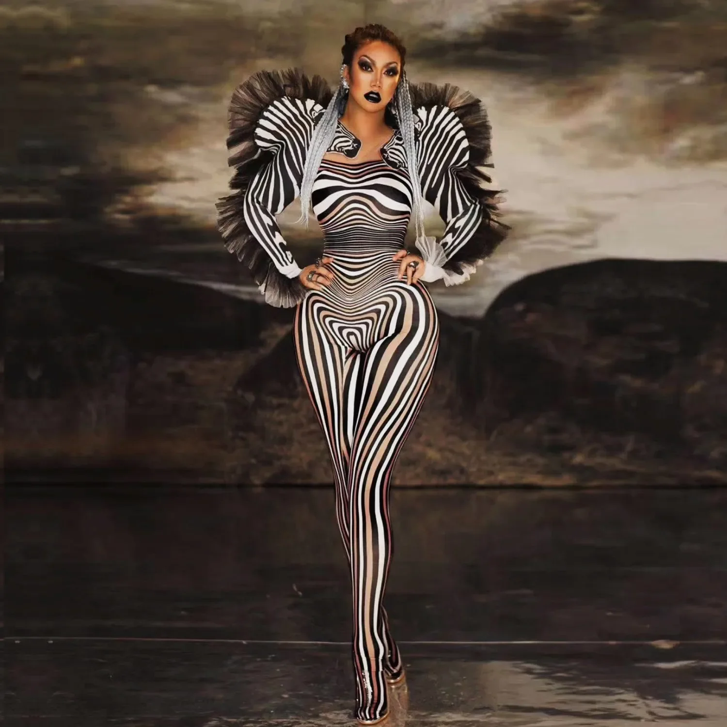 

Women Singer Sexy Stage Outfit Bar DS Dance Cosplay Bodysuit Costume Prom Clothes New Style Zebra Pattern Jumpsuit