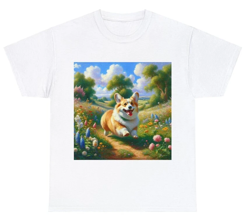 Joyful Corgi in Flower Field Artistic Cute Dog Design for Men Clothing Women Tees High Quality 100%Cotton Short Sleeve