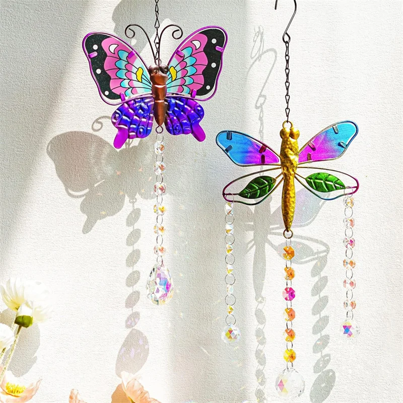 Colorful Purple Gold Crystal Pendant Garden Suncatcher Wind Chimes Crystal Chain Rainbow Prism For Home Window Party Decoration