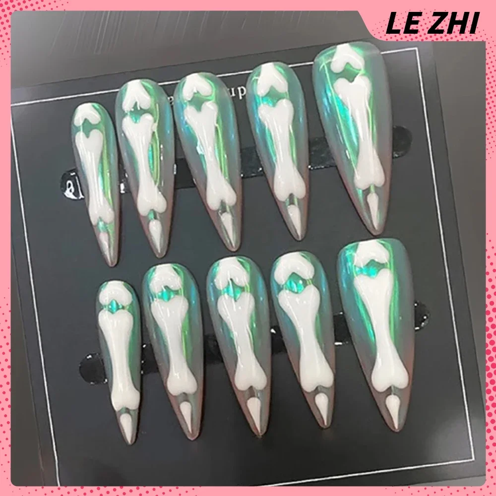 10Pcs Spice Girl Long Square Stiletto Handmade Press On Nail Golden Flower Star Magic Mirror Powder Pearl Diamond Fake Nails - view 6