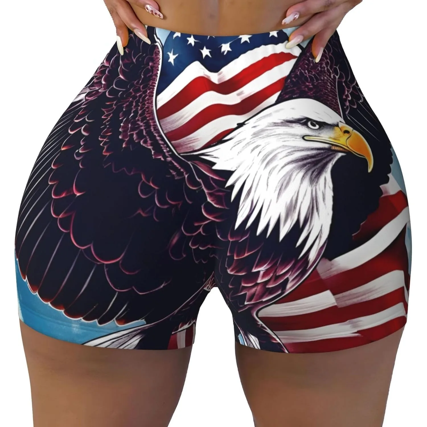 American Bald Eagle Print Flexible Elastic Summer Comfy Gym Shorts High Waisted Contour Exercise Running