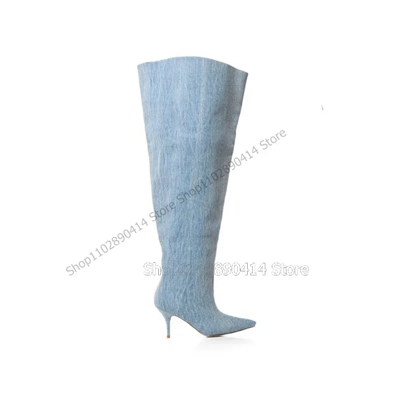 

Blue Denim Pointed Toe Boots Knee High Slip On Women Shoes Thin High Heels Novel Fashion Sexy Concise 2023 Zapatos Para Mujere
