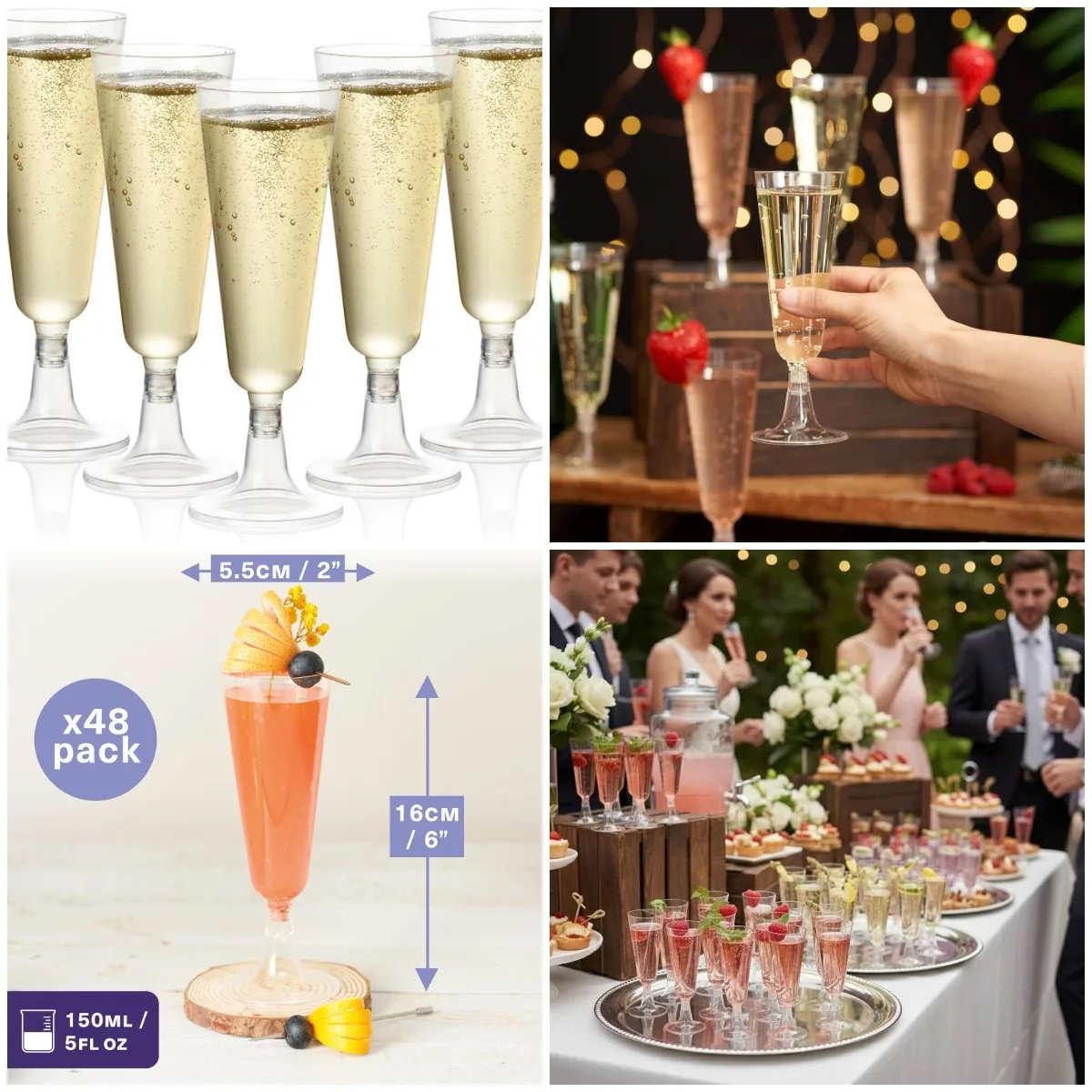 

48 Clear Plastic Champagne Flutes, 5oz - Elegant Reusable Toasting Glasses for Mimosas, Cocktails, Prosecco - Wedding, Birthday,