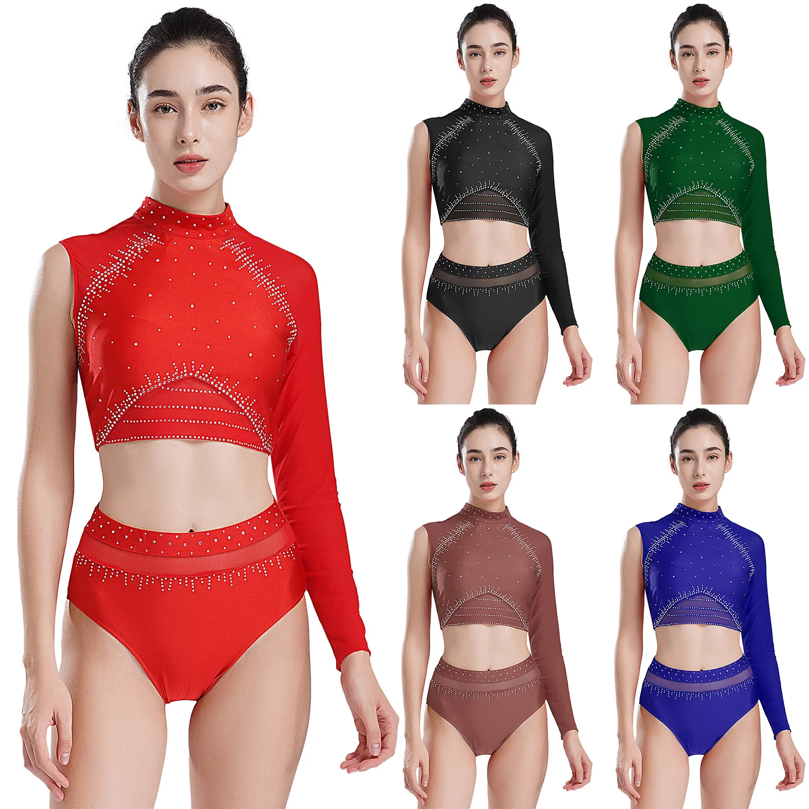 Women Figure Skating Costume Shiny Rhinestones Mesh Crop Top with Briefs Set for Ballet Dance Gymnastics Acrobatics Performance