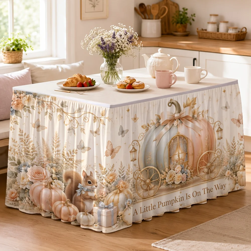 One table skirt. Pumpkin carriage, squirrel, butterfly, autumn floral pattern table skirt. Suitable for banquets.