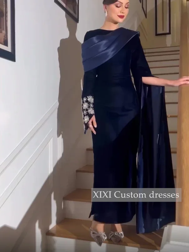 XIXI Customized Luxury Evening Dresses Sheath Split Scoop Neckline Zipper Up Prom Dresses Long Sleeves Floor-Length Vestidos De