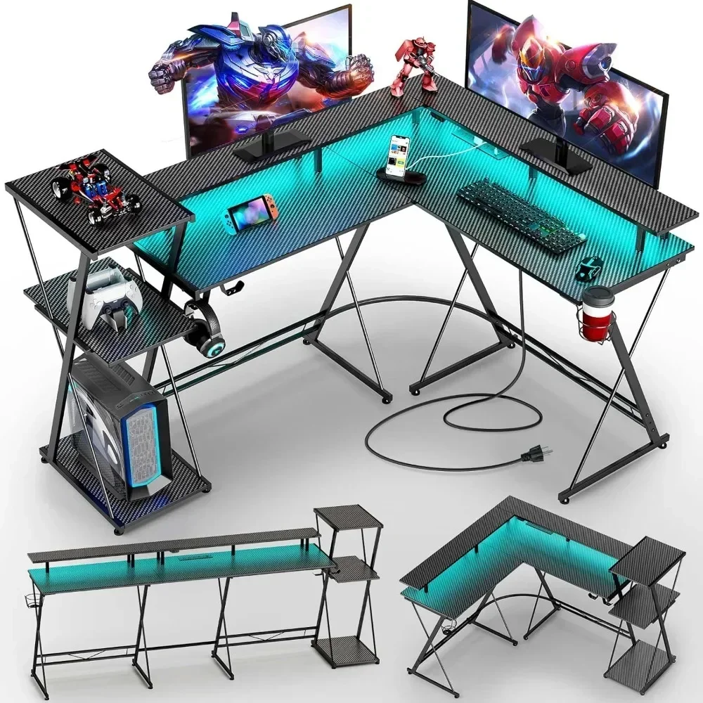 L Shaped Gaming Desk with LED Lights & Power Outlets, 50” Reversible Computer Desk with Storage Shelf & Monitor Stand