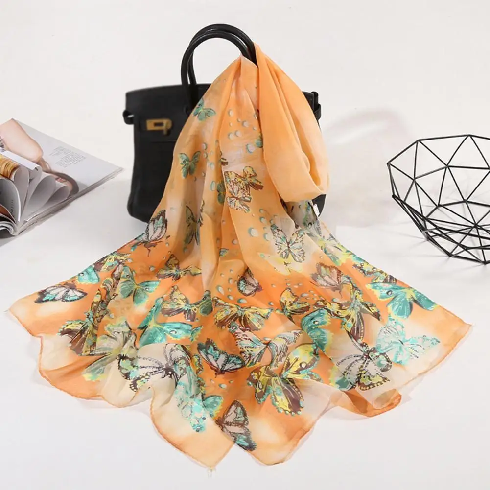 Lenço de seda estampa borboleta para mulheres, lenço decorativo respirável chiffon, bandana de praia, hijabs muçulmanos, hijabs longos