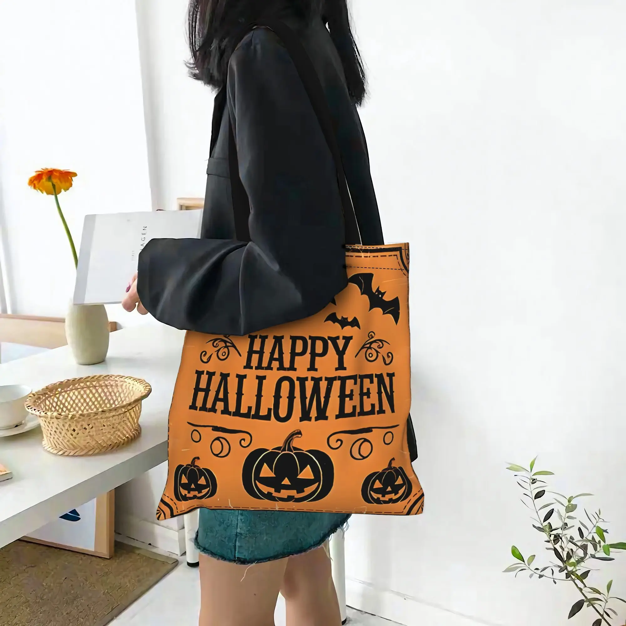 Customized Happy Halloween Theme Women's Bag Shopping Bag Reusable Double Sided Canvas Tote Bag Shoulder  Handbag Its bags