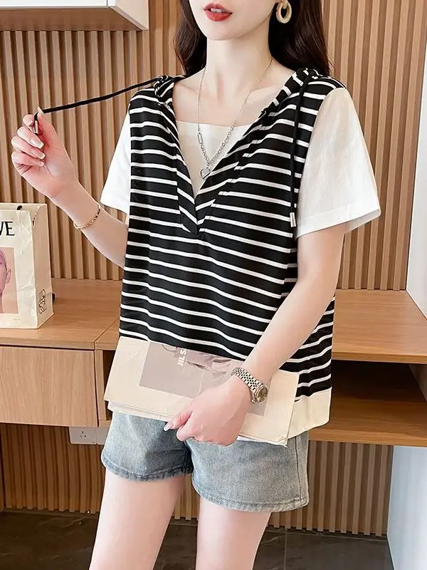 Fashionable Striped Short Sleeve Hoodie T-Shirt Women's Summer New Style Slimming Versatile Korean Version Top Ins Creative C...