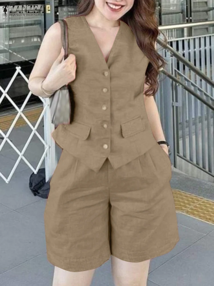 ZANZEA Summer Sleeveless Vest Tops Short Suits 2PCS Elegant Women OL Work Tracksuits Fashion Office Lady Pant Sets Woman Outfits