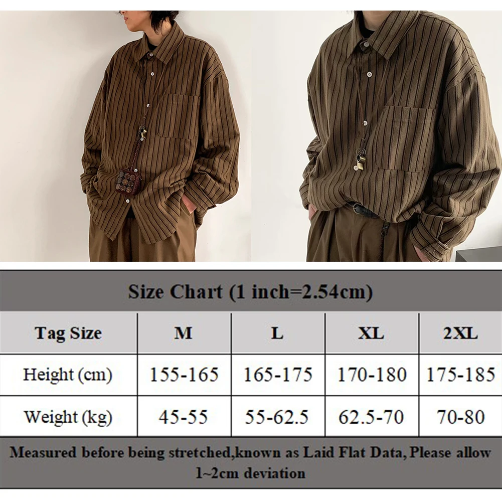 Daily Casual Wear Holiday Striped Long Sleeve Shirt Pocket Button Shirt Brown Color Casual Style Regular Length