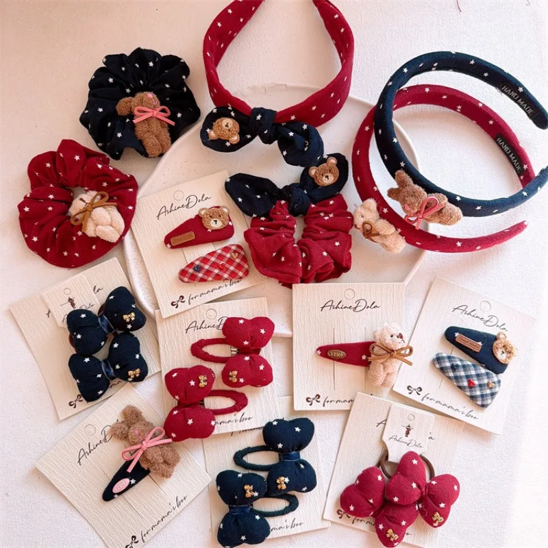 

Red Blue Star Bow Cute Cartoon Bear Hair Barrettes Scrunchies Headband for Little Girl Sweet Non Slip No Damage Daily Essentials