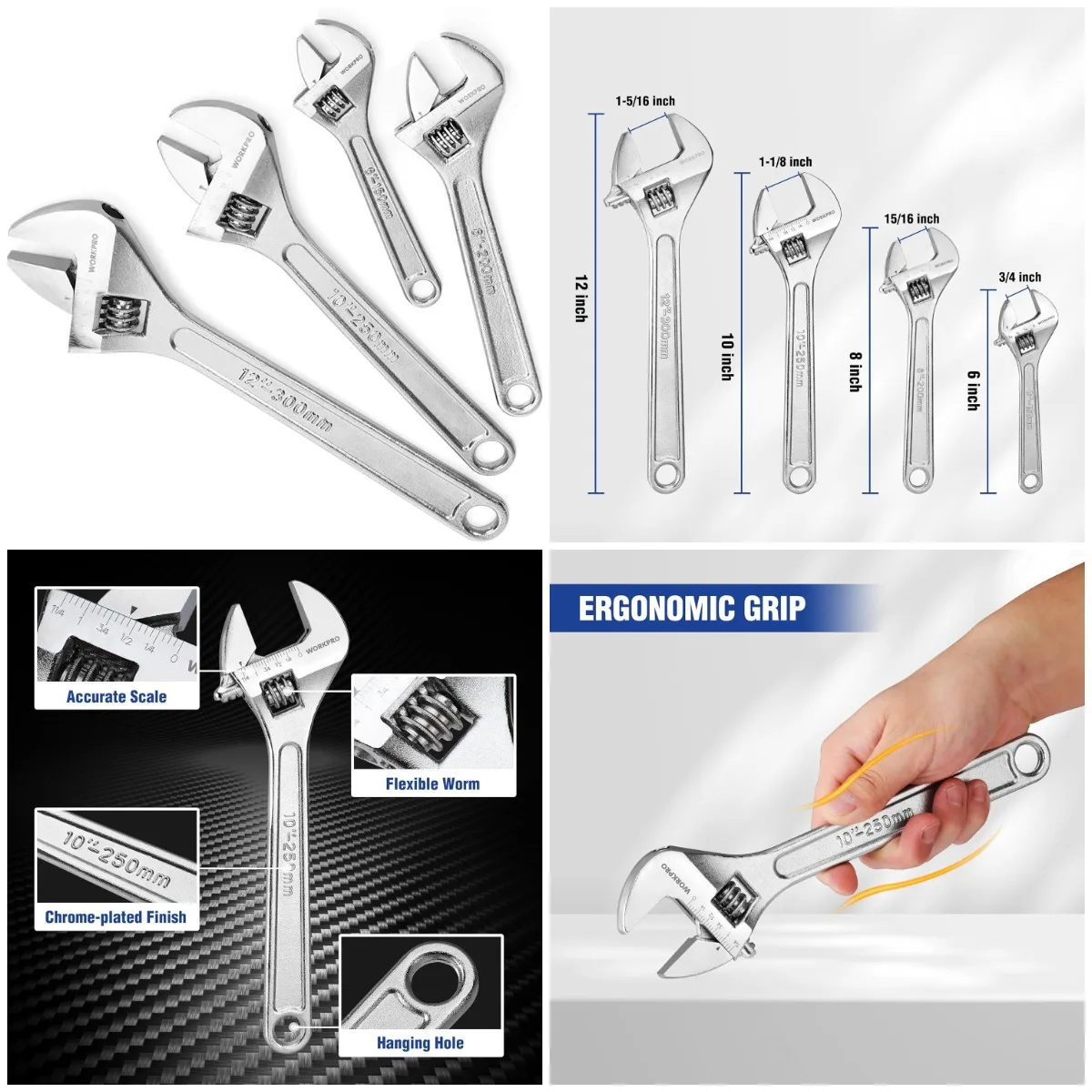 

4-piece Adjustable Wrench Set, Forged, Heat Treated, Chrome-plated (6-inch, 8-inch, 10-inch, 12-inch)
