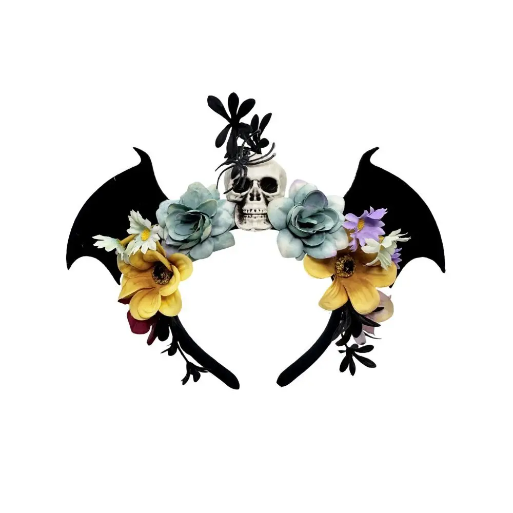 

Dark Skull Head Headband Simulation Flowers Bat Halloween Skull Headband Gothic Headdress Day of The Dead Headband Haunted House