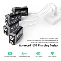 9V Rechargeable Battery 1100mAh USB Type-C Rechargeable 6F22 9V Li-ion Battery for RC Helicopeter Model Multimeter Toy