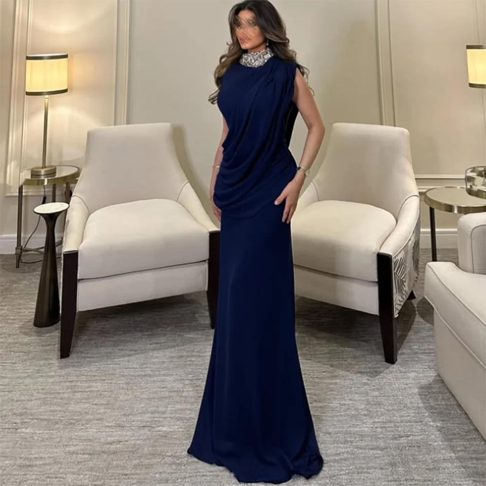 Vestidos de fiesta de sirena rectos personalizados, vestido de noche sin mangas con cuello alto hasta el suelo, vestido de fiesta drapeado con lentejuelas a la moda