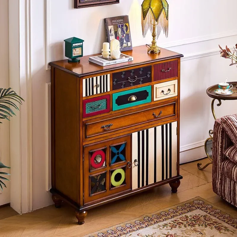 American Retro Contrasting Color Multi Bucket Storage Cabinet Creative Splicing Painted Door Porch Solid Wood Multifunctional
