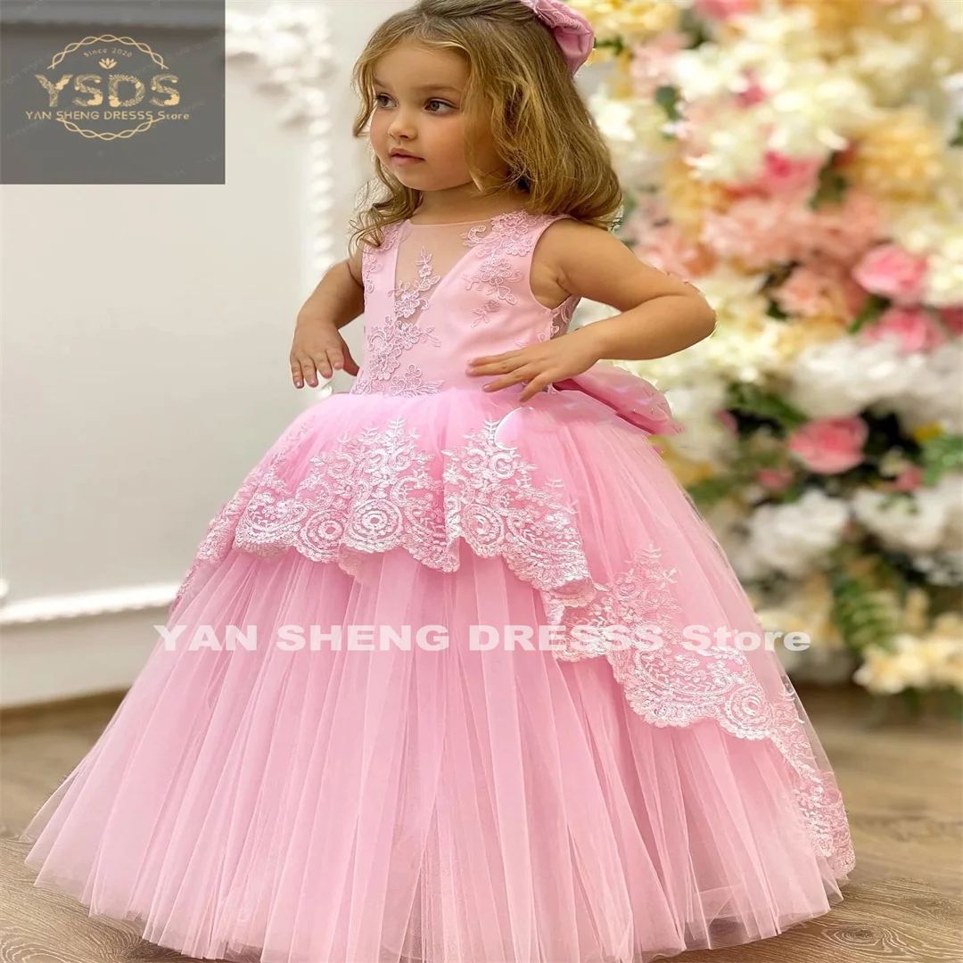 

Pink Lace Flower Girl Dress For Wedding Ruffles Puffy Sleeveless With Bow Children Birthday Gowns Kids Birthday Party Dress