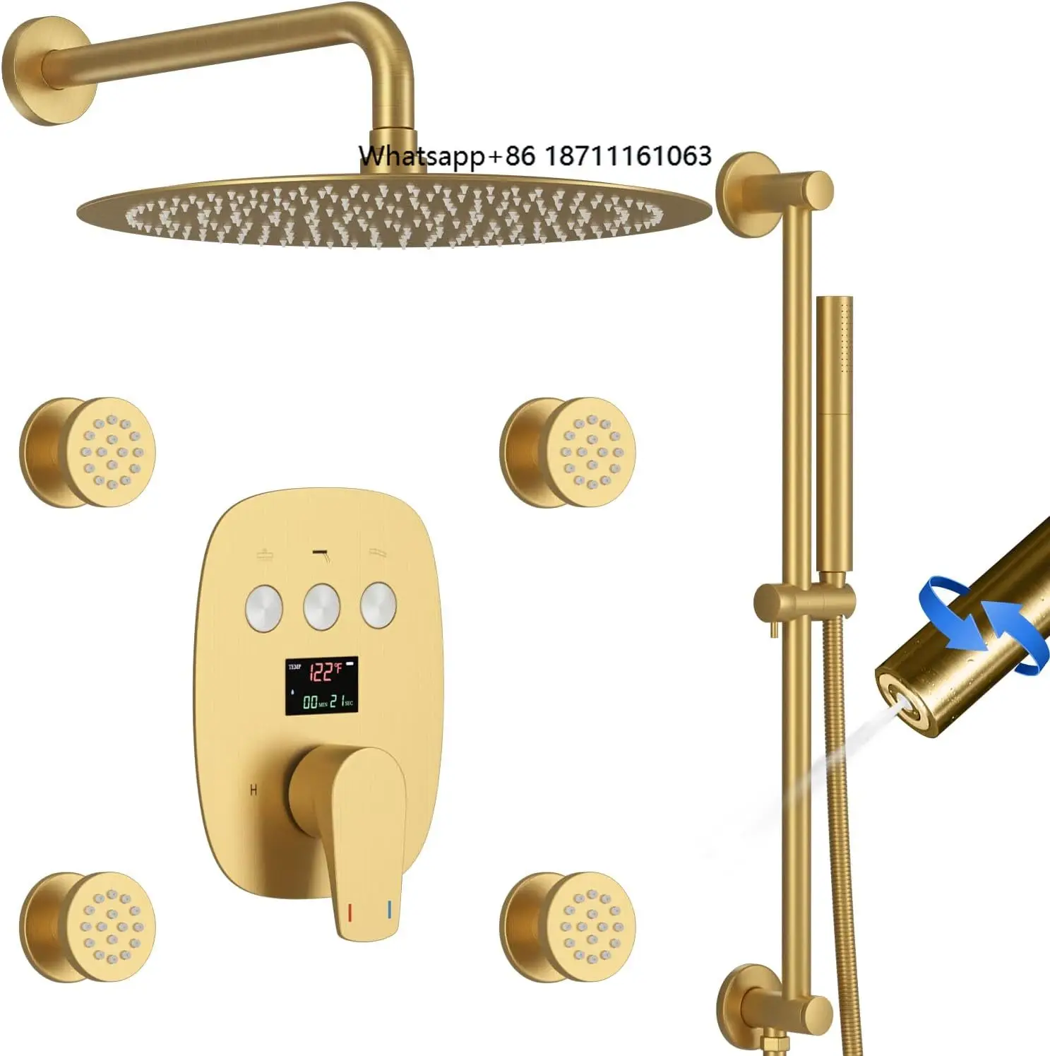 12 Inch Brushed Gold Rainfall Shower System Round Digital Temperature Display Shower Faucets Sets