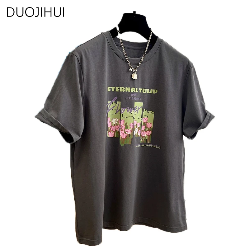 DUOJIHUI Dark Grey Classic O-neck Loose Casual Women T-shirts Summer Chic Printing Simple Office Ladies Fashion Female T-shirts