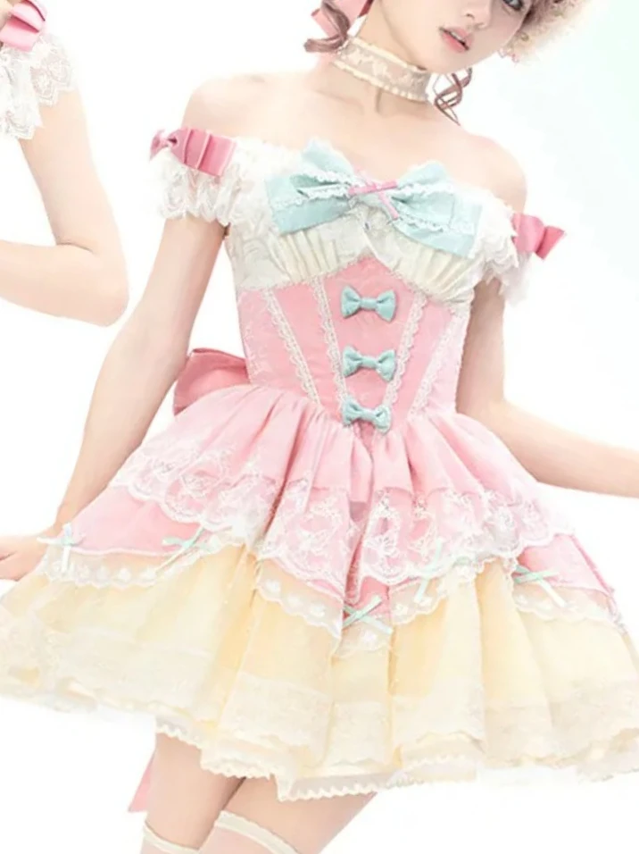 

Lolita Ballet Style Elegant JSK Strap Dress Sweet Bow Patchwork Slim Lace Evening Dresses High-End Birthday Dress for Women