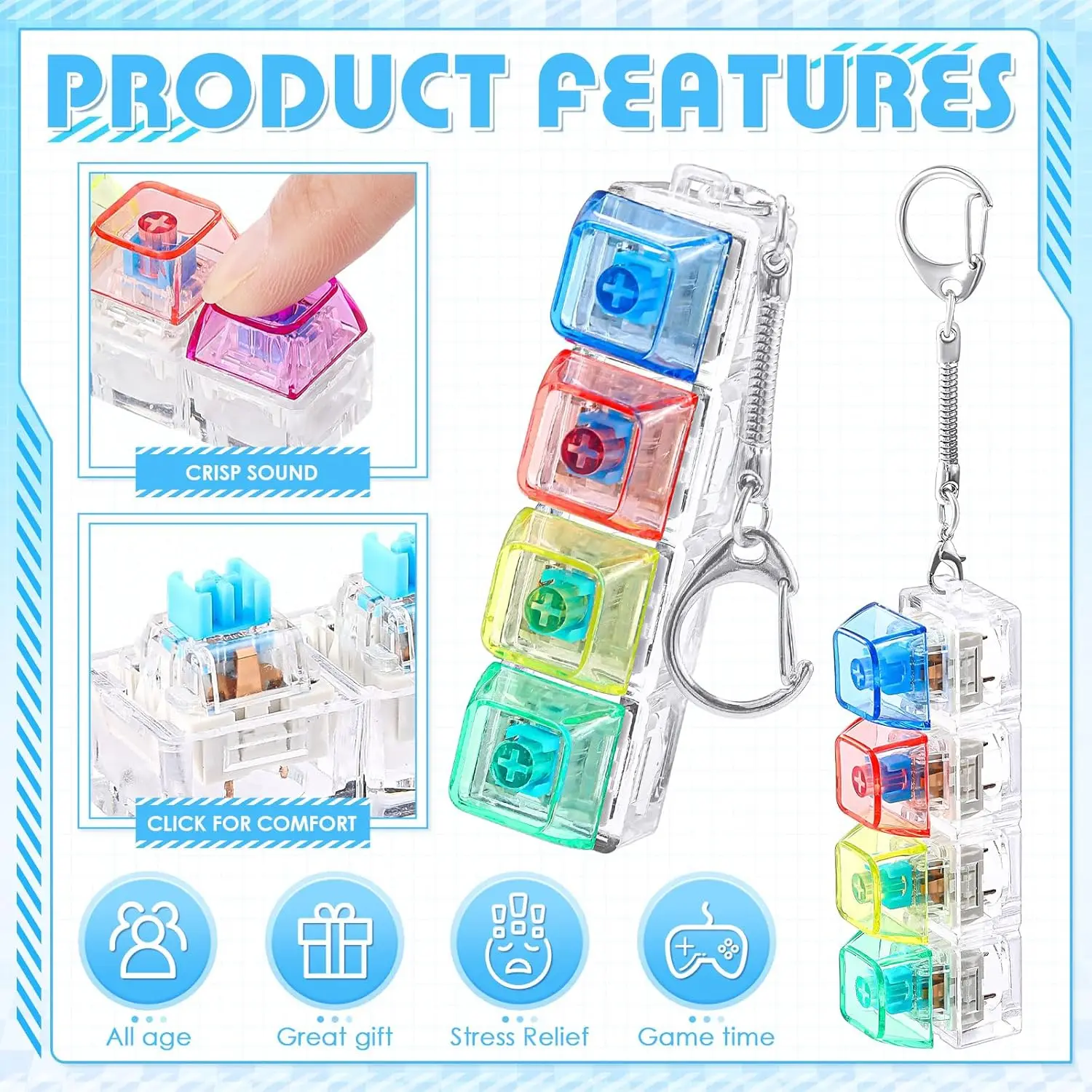 Mechanical Keyboard Switch Tester Keychain Fidget with LED Light DIY Keycap Stress Relief Clicker for Office Desk Anxiety Gift
