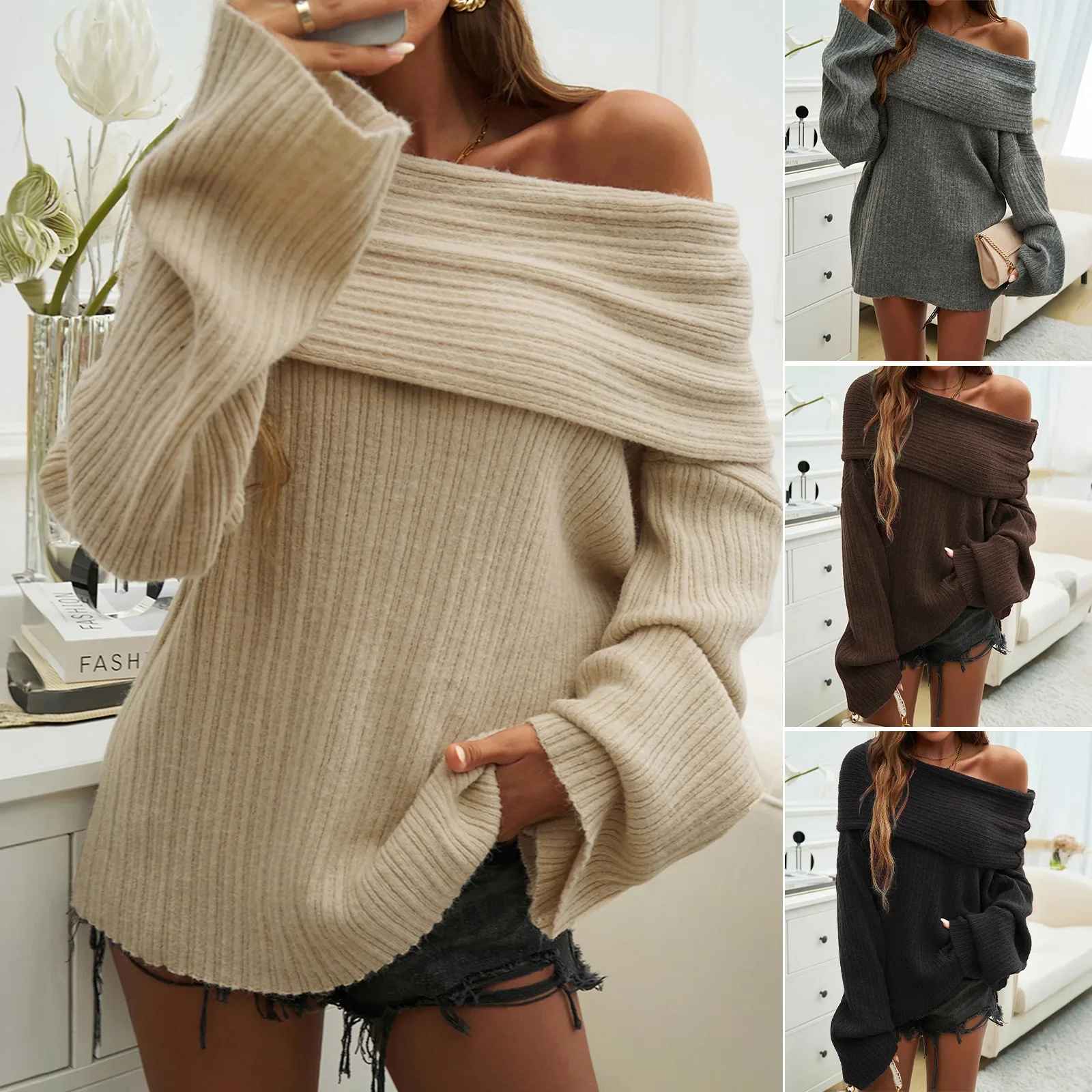 

Autumn Winter Fashionable Cross-Border Solid Color Knitwear Loose Long Sleeve Crew Neck Sweater Pure Color Women's Top
