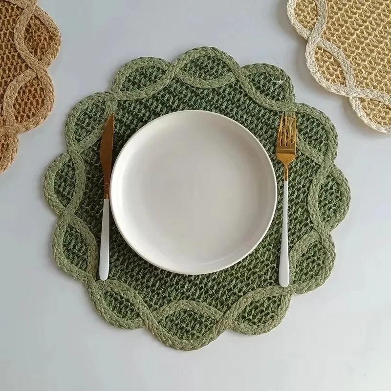 2pcs Creative Home Decor Flower Shaped Paper Woven Placemat Heat Insulation Table Mat Western Style Dinner Mat For Photo Prop