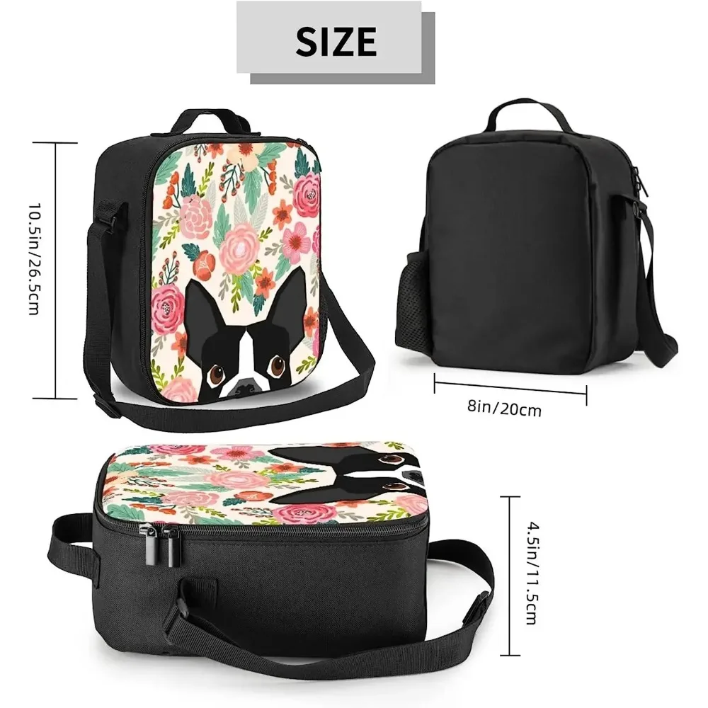 Cute Boston Terrier Flowers Lunch Bag Cute Dog Portable Insulated Lunch Box Thermal Bento Tote for School Work Travel Picnic