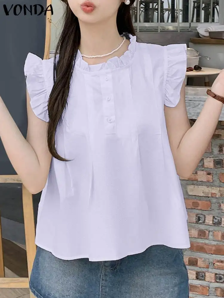 VONDA-Blusa de manga corta con volantes para verano, camisa informal de Color liso, elegante, 2024